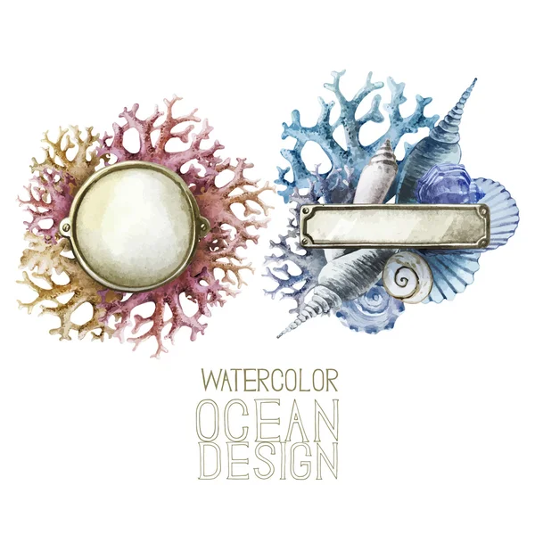 Watercolor metal plates with ocean design — Stock Vector