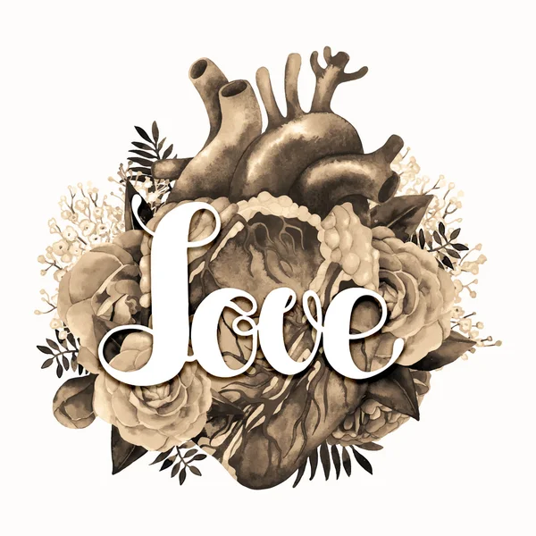 Coeur aquarelle avec motif floral — Image vectorielle