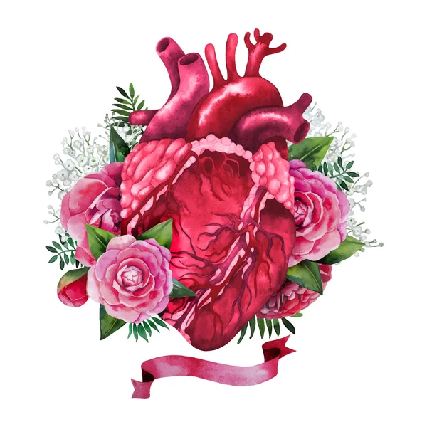 Акварель сердце с цветочным дизайном — стоковый вектор