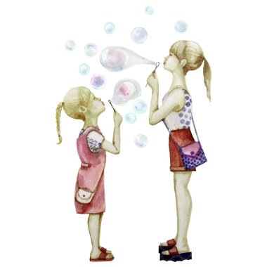 Two sisters blowing soup bubbles