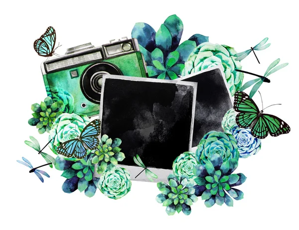 Succulents ve fotoğraf ile sulu boya tasarım — Stok fotoğraf