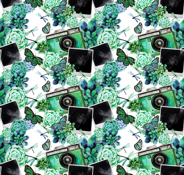 Watercolor pattern with photo camera and succulents