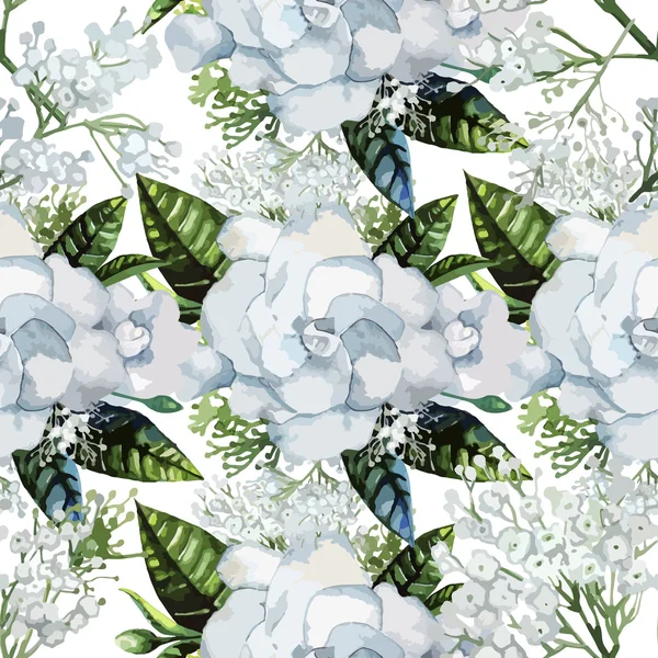Watercolor gardenia and gypsophila pattern — Stock Vector