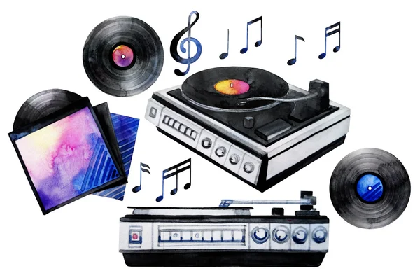 Watercolor vinyl turntable and records — Stock Photo, Image
