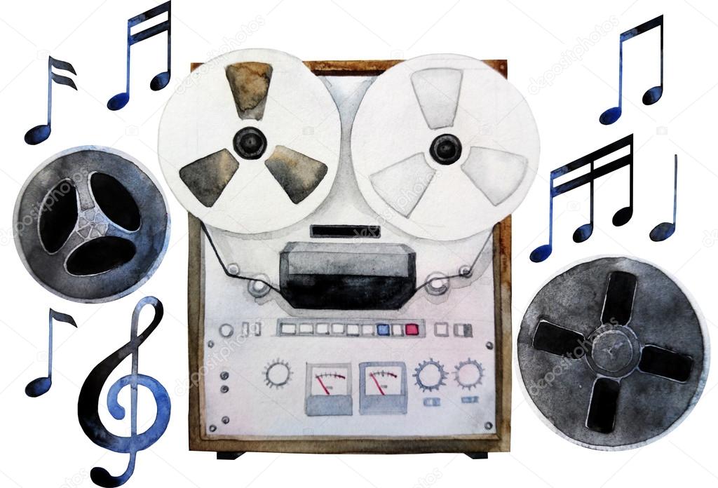 Watercolor reel tape recorder Stock Illustration by ©homunkulus28 #106286774