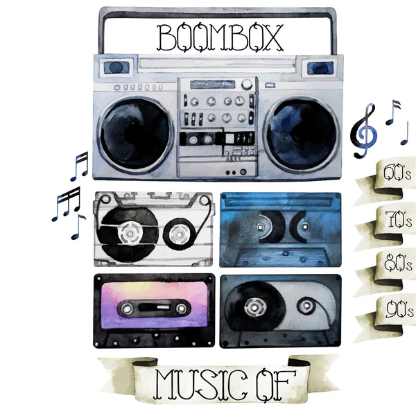 Watercolor tape recorder and cassettes — Stock Vector