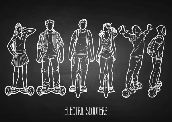 Gente gráfica montada en scooters eléctricos — Vector de stock