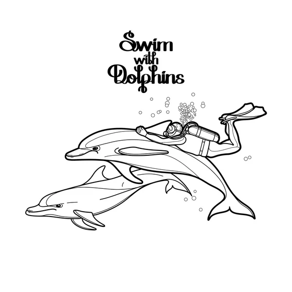 Graphic Scuba Diver auf dem Delfin — Stockvektor