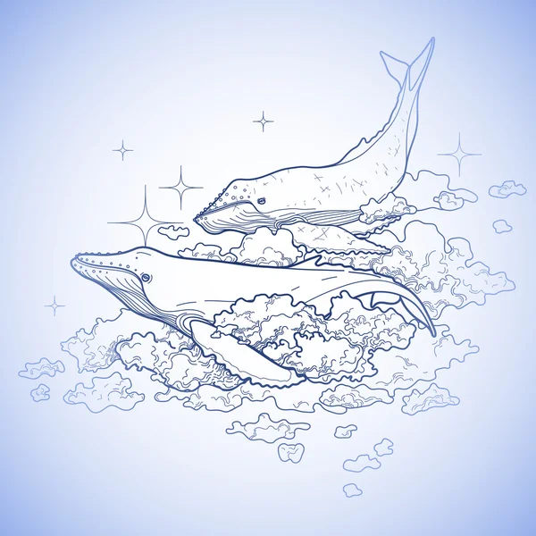 Gökyüzünde uçan grafik balinalar — Stok Vektör