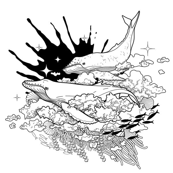 Grafický velryby plující po obloze — Stockový vektor
