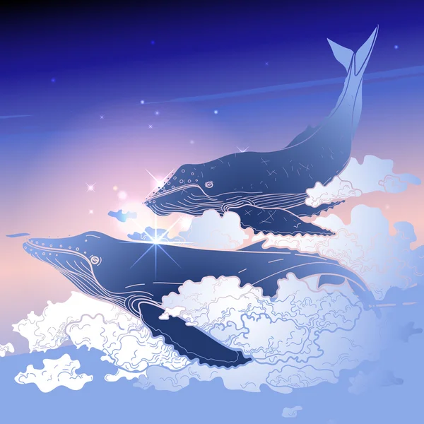 Baleines graphiques volant dans le ciel — Image vectorielle