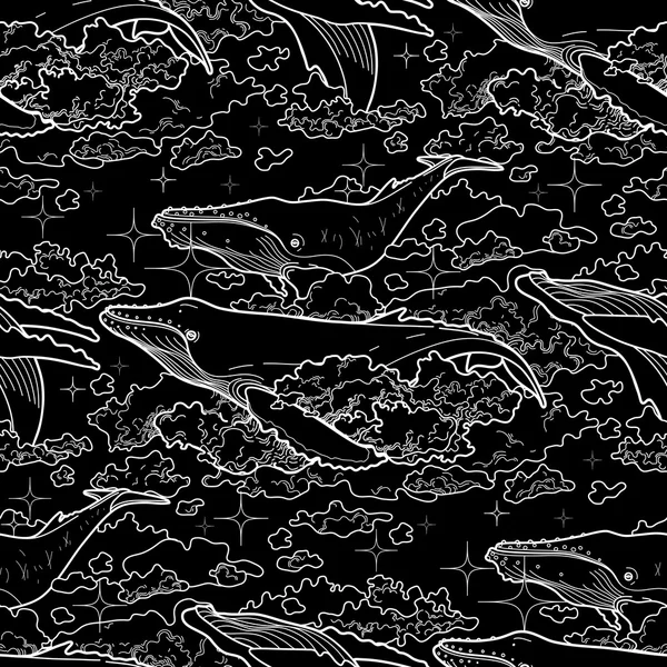Baleines graphiques volant dans le ciel — Image vectorielle