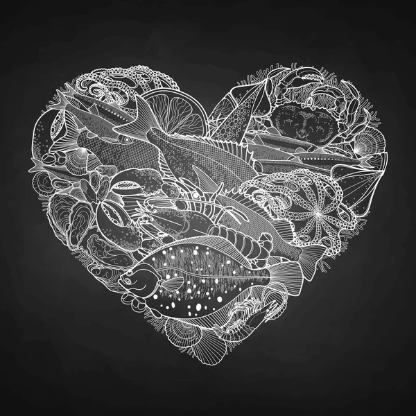 Frutti di mare grafici a forma di cuore — Vettoriale Stock