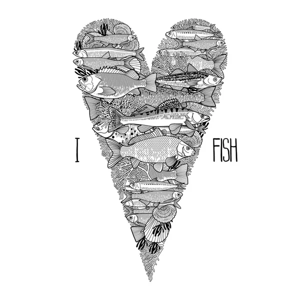 Graficzny ocean ryby w kształcie serca — Wektor stockowy
