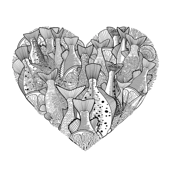 Grafische Oceaan vissen in de vorm van hart — Stockvector