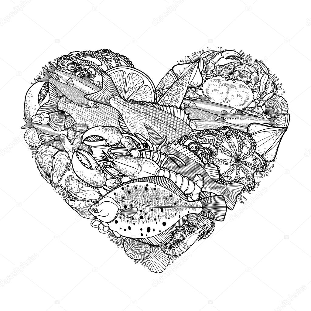 Frutti di mare grafico a forma di cuore Mare e oceano creature isolate su priorit  bassa bianca Disegno di pagina di libro da colorare per adulti e