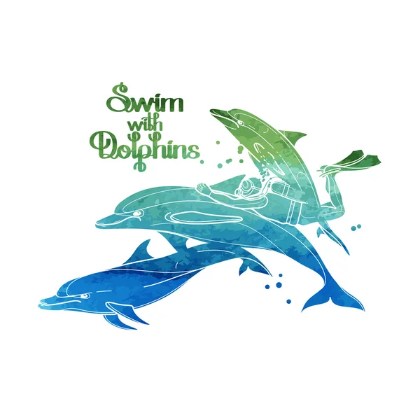 Grafische duiker rijden de dolfijn — Stockvector