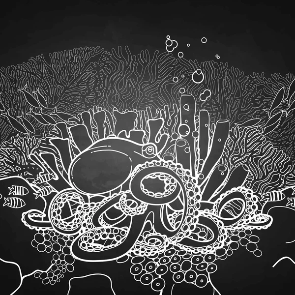 Графический осьминог и коралловый риф — стоковый вектор