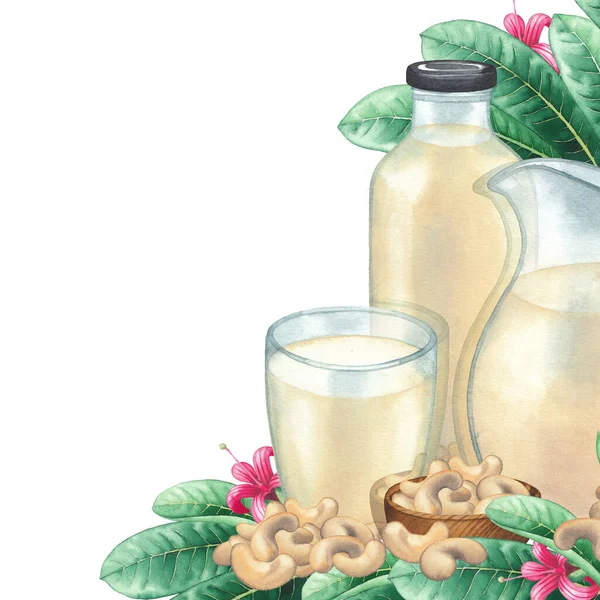 Jarra de vidrio acuarela, botella y taza de la leche a base de plantas decoradas con nueces de anacardo, hojas y flores — Foto de Stock