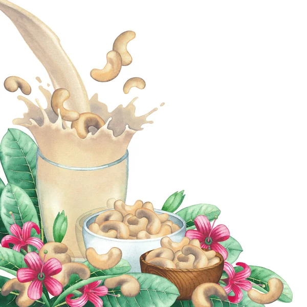 Akvarelové rostlinné mléko cákající ze skla zdobené kešu ořechy, listy, ovocem a květy. — Stock fotografie