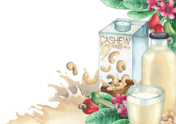 Akvarell kartong av växtbaserad mjölk dekorerad med glas, flaska, cashewnötter och växter. — Stockfoto