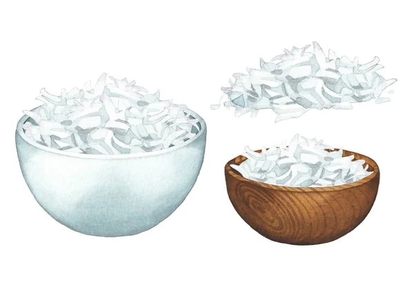 Watercolor bowls and handfuls of coconut flakes isolated on the white background — Stock Photo, Image