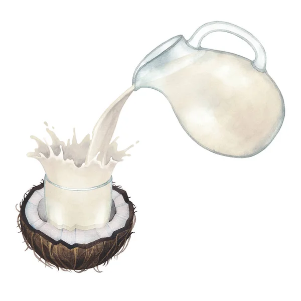 Aquarela planta à base de leite de coco derramando para fora do jarro de vidro no copo — Fotografia de Stock
