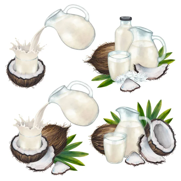 Coleção aquarela de leite à base de plantas nos jarros de vidro e copos decorados com cocos — Fotografia de Stock
