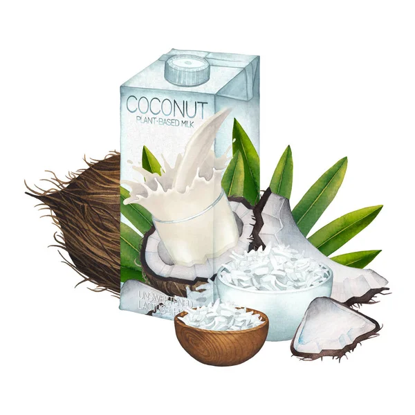 Akwarelowe pudełko z mlekiem roślinnym ozdobione kokosami, liśćmi i miskami płatków. — Zdjęcie stockowe