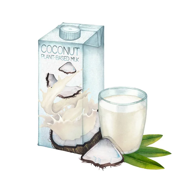 Akwarelowe pudełko z mlekiem roślinnym ozdobione szkłem i kokosem — Zdjęcie stockowe
