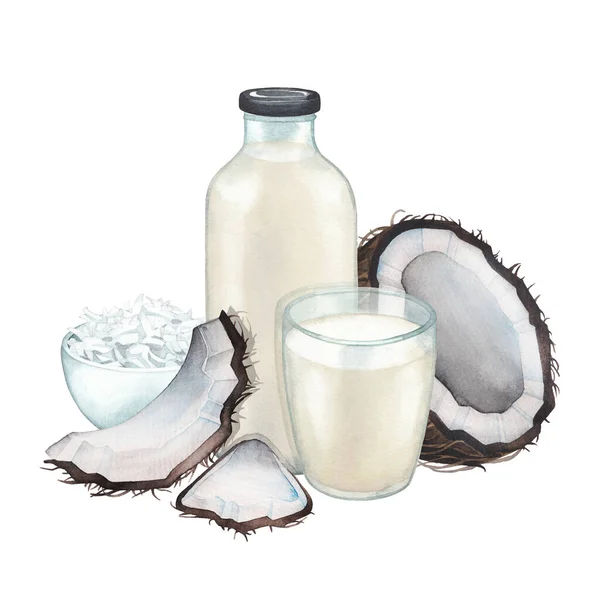 Акварельное стекло и бутылка растительного молока в окружении кокосов и хлопьев — стоковое фото