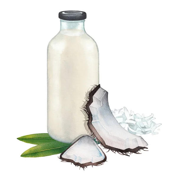 Акварельная стеклянная бутылка растительного молока в окружении кокосов, листьев и хлопьев — стоковое фото