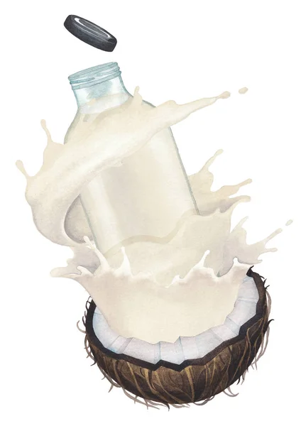 Akvarel potok mléka s tekoucí kolem skleněné láhve z krájeného kokosu — Stock fotografie