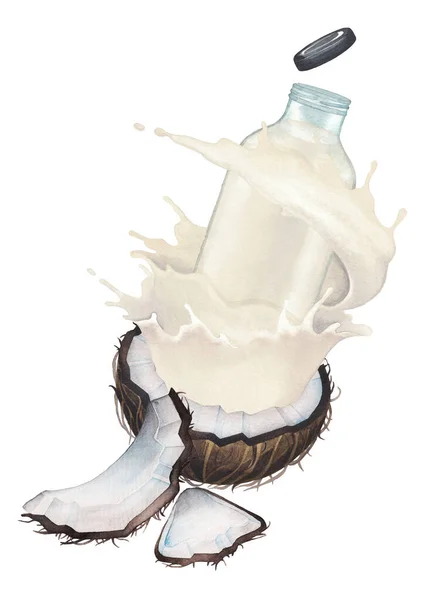 Waterkleur melkstroom met stromend rond de glazen fles van de gesneden kokosnoot — Stockfoto