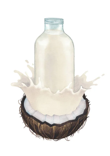 Frasco de vidro aquarela do leite à base de plantas decorado com salpicos do coco — Fotografia de Stock