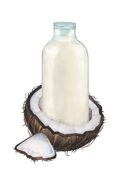 Butelka ze szkła akwarelowego mleka roślinnego stojącego w plasterkach orzecha kokosowego. — Zdjęcie stockowe