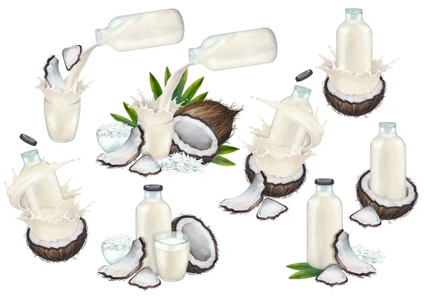 Akvarelová kolekce rostlinného mléka ve skleněných lahvích a pohárech zdobených kokosovými ořechy — Stock fotografie