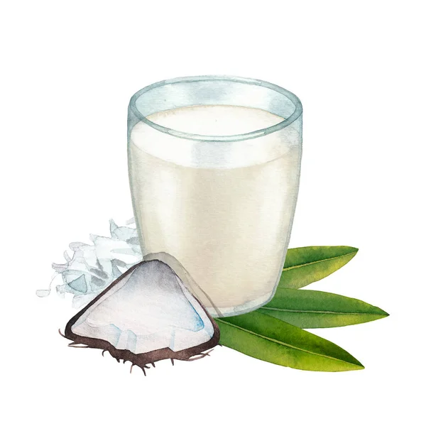 Aquarelglas van plantaardige melk omringd door kokosnoot, vlokken en bladeren — Stockfoto