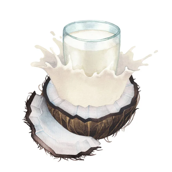 A szeletelt kókuszdióból kifröccsenő növényi alapú tej akvarell üvege. — Stock Fotó