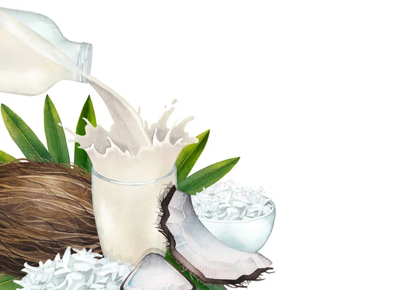 Akwarela roślinna mleko wylewa się z butelki szklanej do filiżanki z plamy i ozdobione kokosami — Zdjęcie stockowe