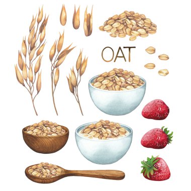 Mısır gevreği, kase, kaşık ve bir avuç yulaf, çilek..