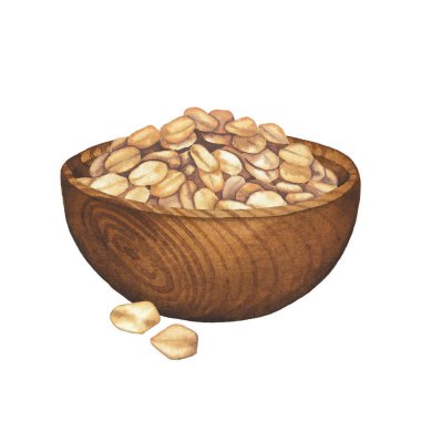 Beyaz arka planda izole edilmiş suluboya ahşap yulaf kasesi