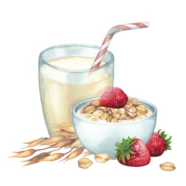 Bitki bazlı sütün suluboya bardağı yulaf, tahıl ve çilek dolu..