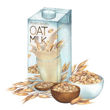 Etrafı yulaf ve tahıl kâseleriyle çevrili bitki sütü dolu suluboya kutular.