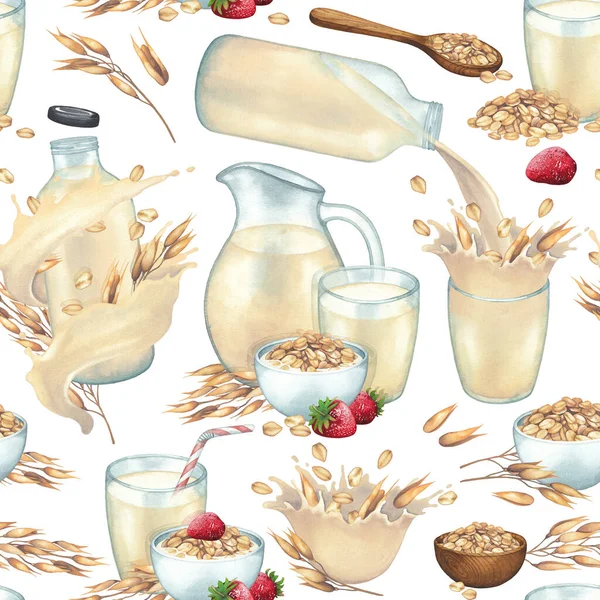 Vasos de acuarela, botellas y jarras de leche vegetal, rodeadas de cuencos de avena, salpicaduras y cereales. — Foto de Stock