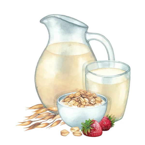 水彩玻璃和植物奶瓶，四周围着一碗燕麦，装饰着谷类和草莓. — 图库照片