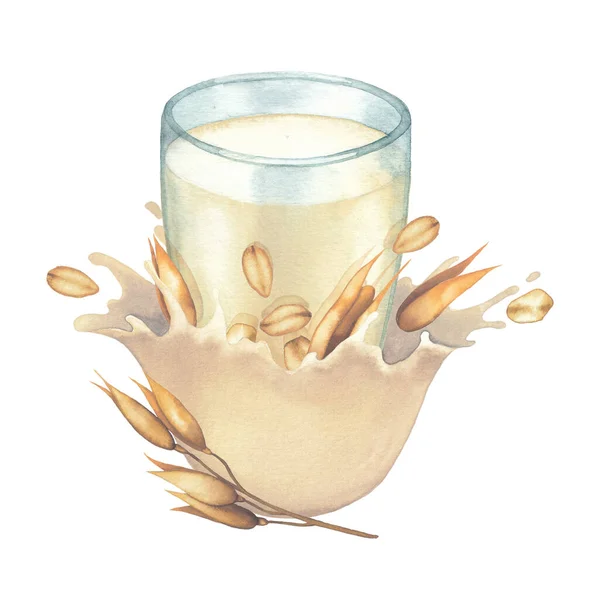 Aquarelglas van de plantaardige melk versierd met spetters en haver. — Stockfoto