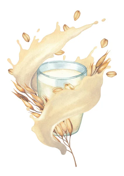 Flux de lait aquarelle avec de l'avoine coulant autour du verre. — Photo