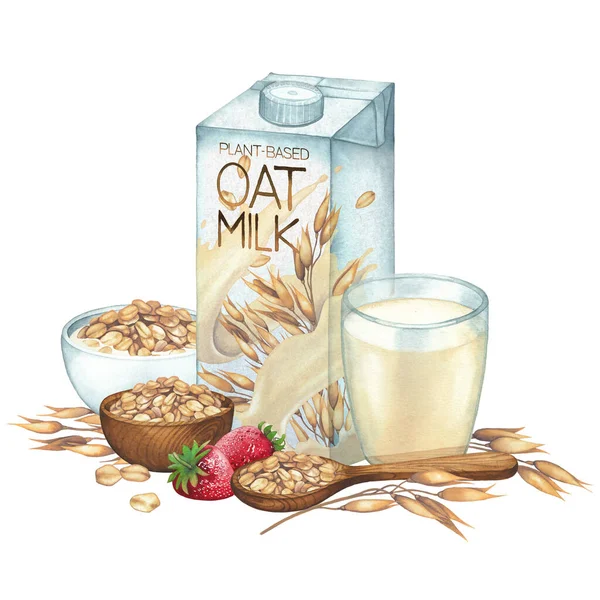 Cartone acquerello del latte vegetale circondato da vetro, cucchiaio e ciotole di avena, cereali e fragole. — Foto Stock