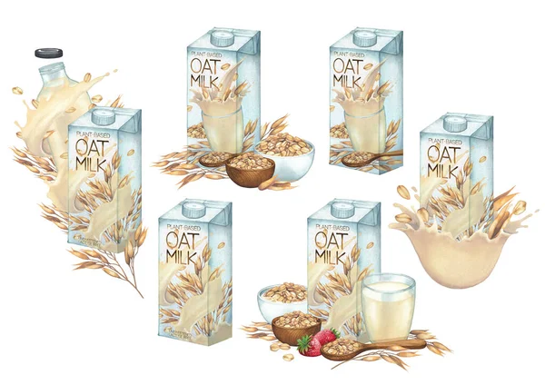 Coleção aquarela de leite de aveia à base de plantas em caixas com vários design de pacote. — Fotografia de Stock